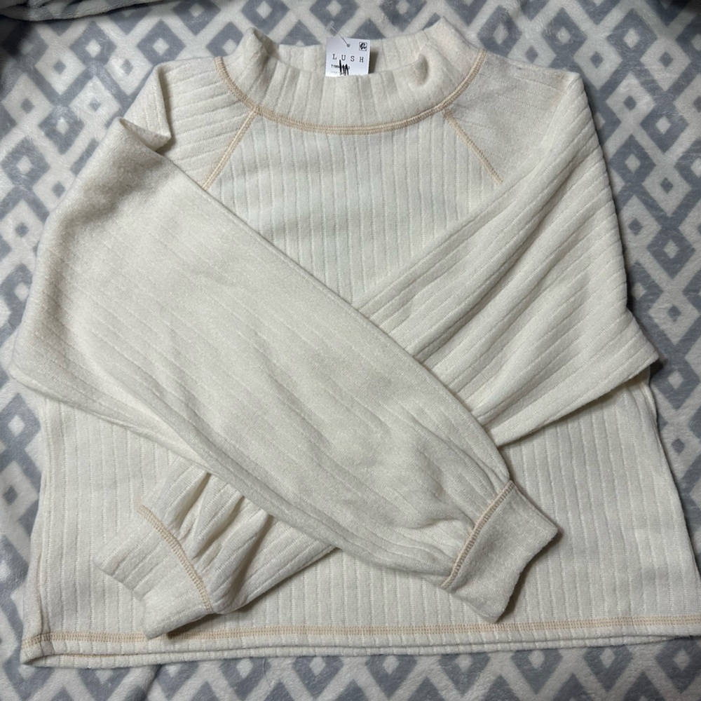 Lush Ribbed Cream Crew Neck Sweater